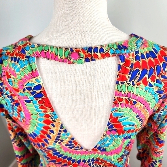 Joy Joy Colorful Geometrical Long Sleeve Midi Dress Scoop Neck Open Back Size XS - Picture 6 of 8